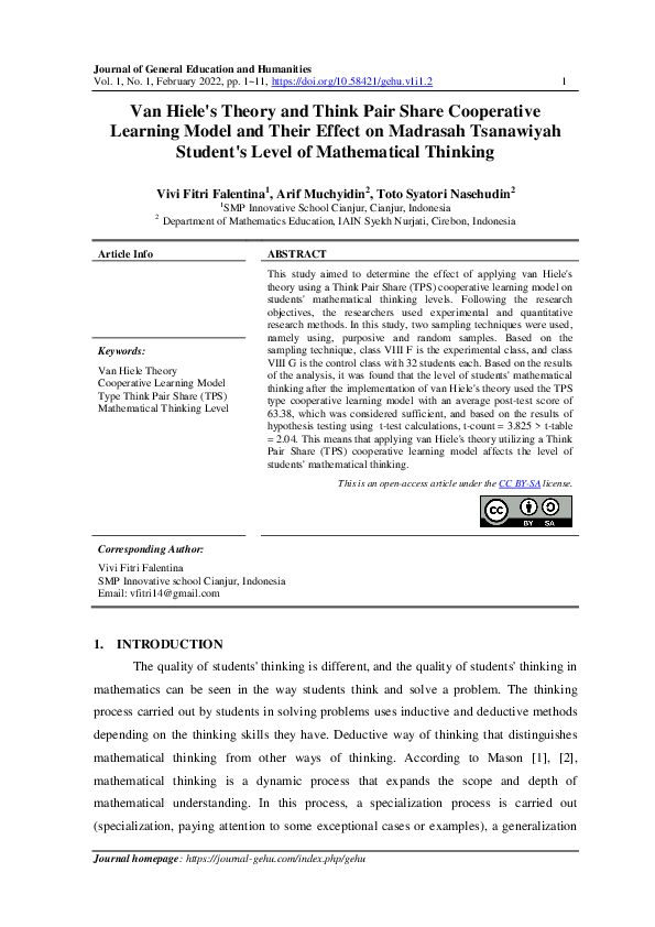 (PDF) Van Hiele's Theory and Think Pair Share Cooperative Learning ...