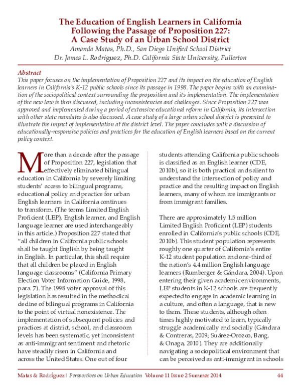 (PDF) The Education of English Learners in California Following the ...