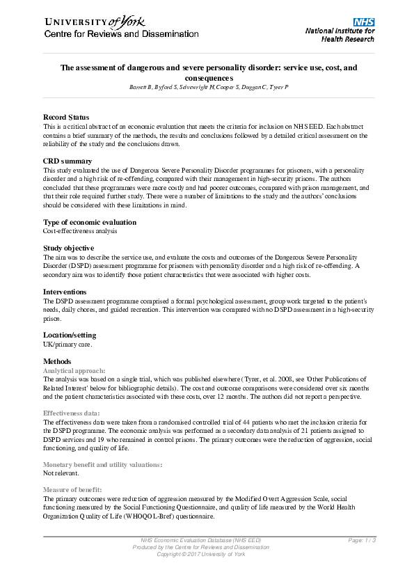 (PDF) The assessment of dangerous and severe personality disorder ...