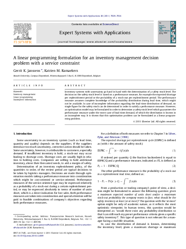 (PDF) A linear programming formulation for an inventory management ...