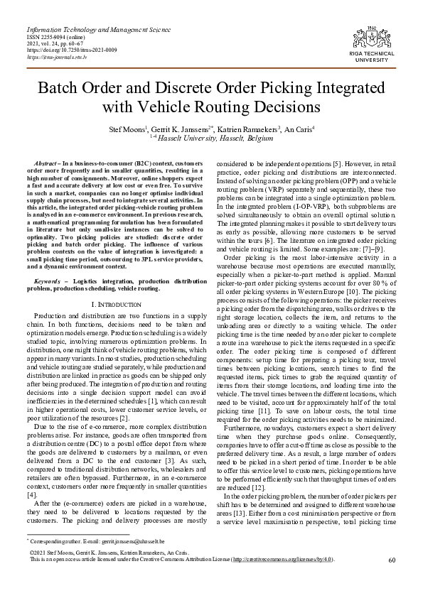 (PDF) Batch Order and Discrete Order Picking Integrated with Vehicle ...
