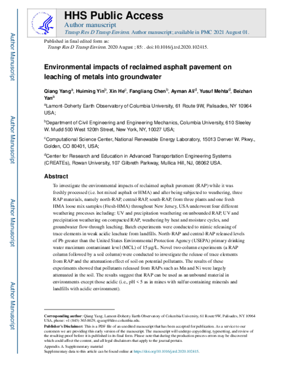 (PDF) Environmental impacts of reclaimed asphalt pavement on leaching ...