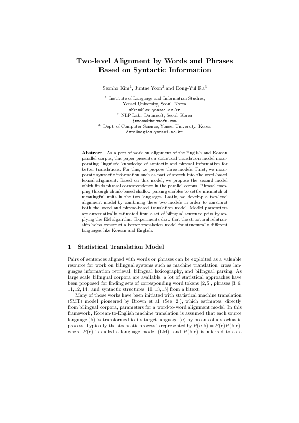 (PDF) Two-Level Alignment by Words and Phrases Based on Syntactic ...
