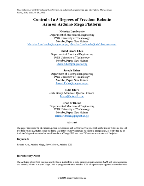 (PDF) Control of a 5 Degrees of Freedom Robotic Arm on Arduino Mega ...