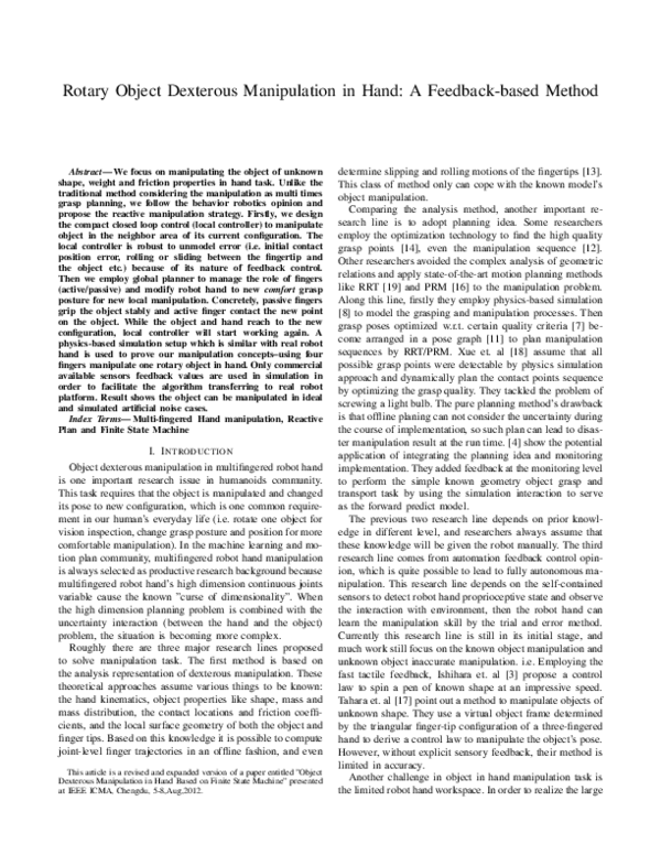 (PDF) Rotary object dexterous manipulation in hand: a feedback-based method