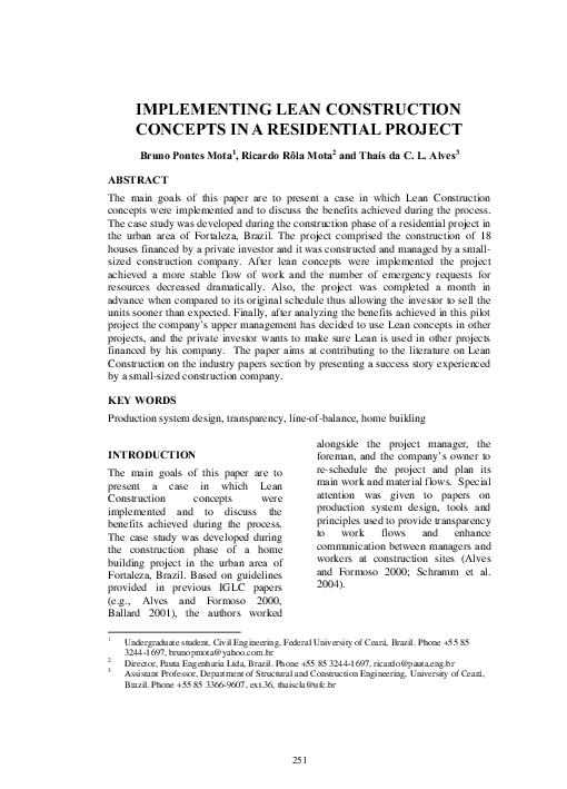 (PDF) Implementing Lean Construction Concepts in a Residential Project
