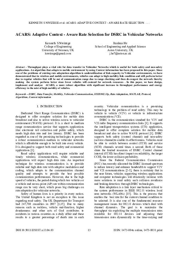 (PDF) Performance Evaluation of Adaptive Context Aware Rate Selection ...