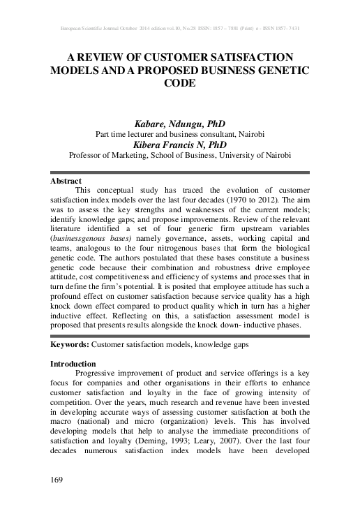 (PDF) A Reviewof Customer Satisfaction Models and a Proposed Business ...