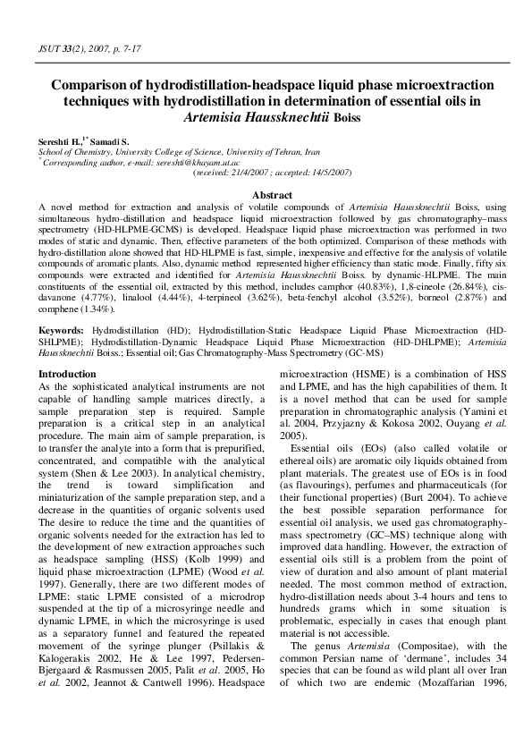 (PDF) Comparison of hydrodistillation-headspace liquid phase ...
