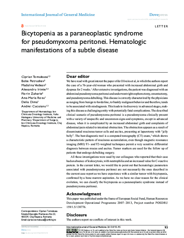(PDF) Bicytopenia as a paraneoplastic syndrome for pseudomyxoma ...