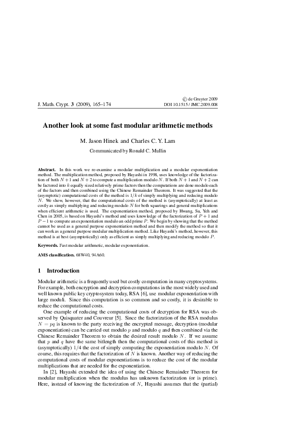 (PDF) Another look at some fast modular arithmetic methods