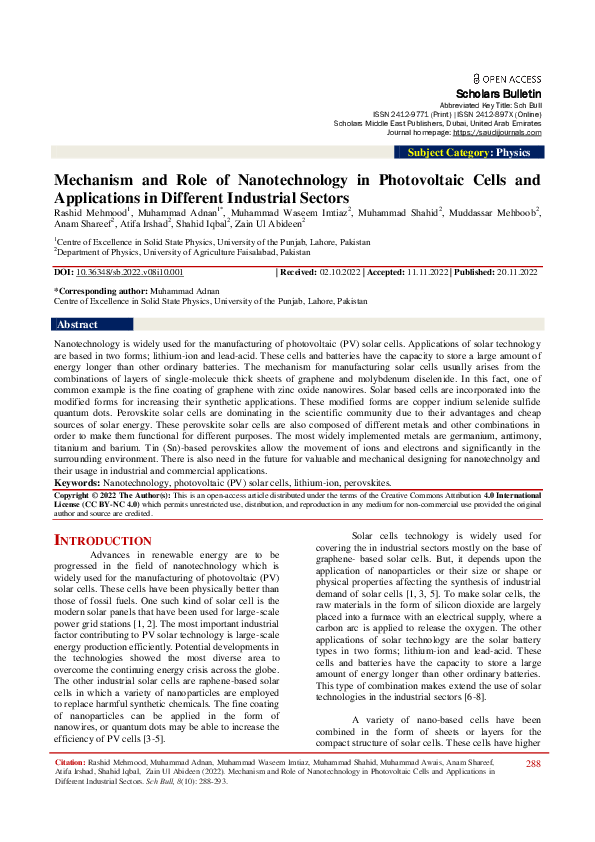 (PDF) Mechanism and Role of Nanotechnology in Photovoltaic Cells and ...