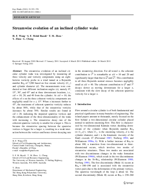 (PDF) Streamwise evolution of an inclined cylinder wake