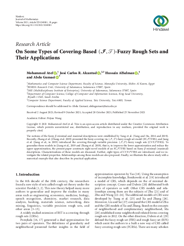 (PDF) On Some Types of Covering-Based ℐ , T -Fuzzy Rough Sets and Their ...