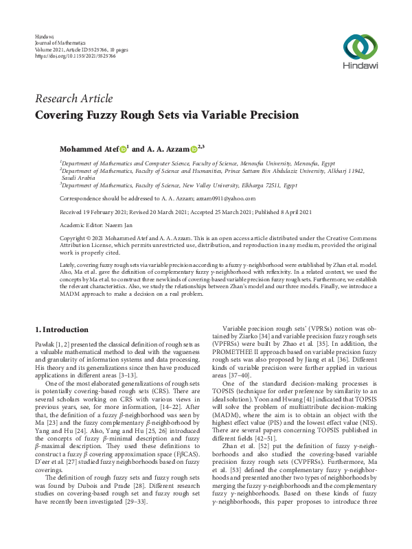 (PDF) Covering Fuzzy Rough Sets via Variable Precision
