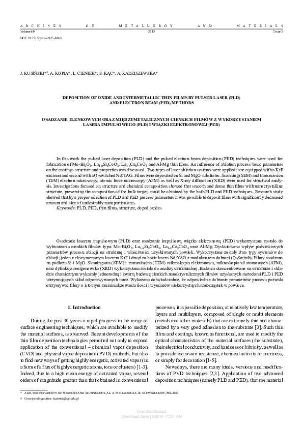 (PDF) Deposition Of Oxide And Intermetallic Thin Films By Pulsed Laser ...