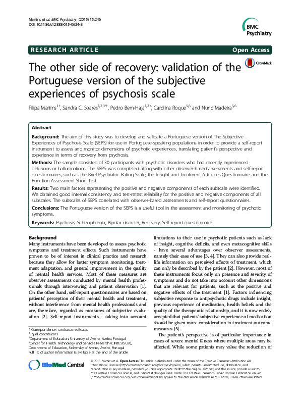 (PDF) The other side of recovery: validation of the Portuguese version ...