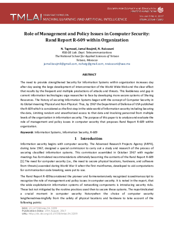 (PDF) Role of Management and Policy Issues in Computer Security: Rand ...