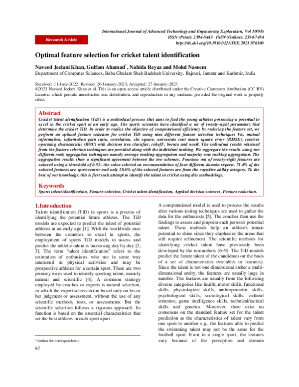 (PDF) Optimal feature selection for cricket talent identification
