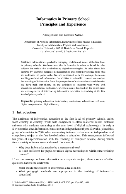 (PDF) Informatics in Primary School: Principles and Experience