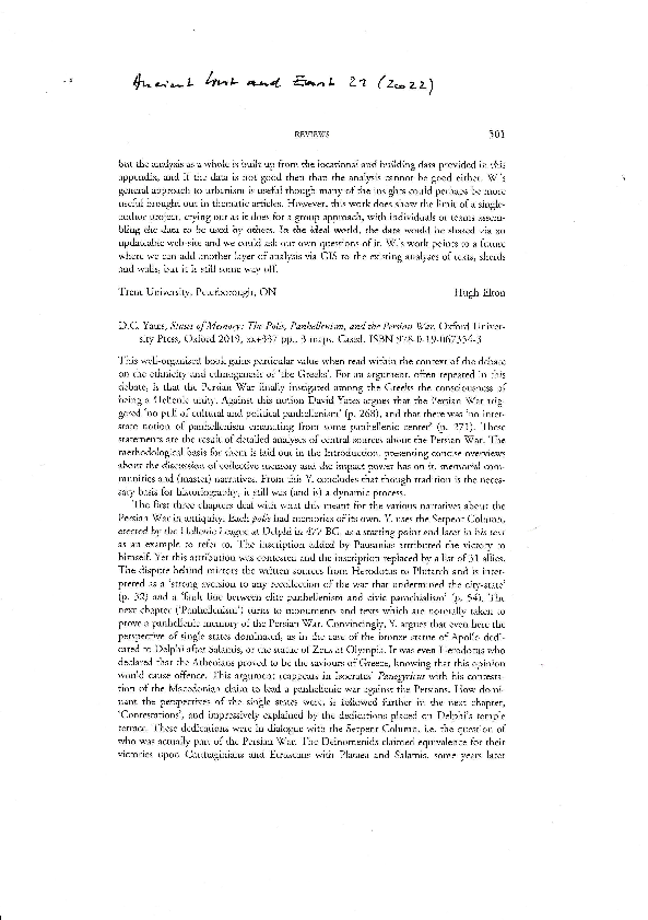 (PDF) D. C. Yates, States of Memory. The Polis, Panhellenism and the ...