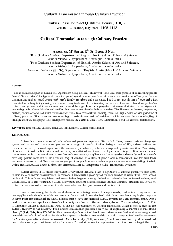 (PDF) Cultural Transmission through Culinary Practices Aiswarya .M