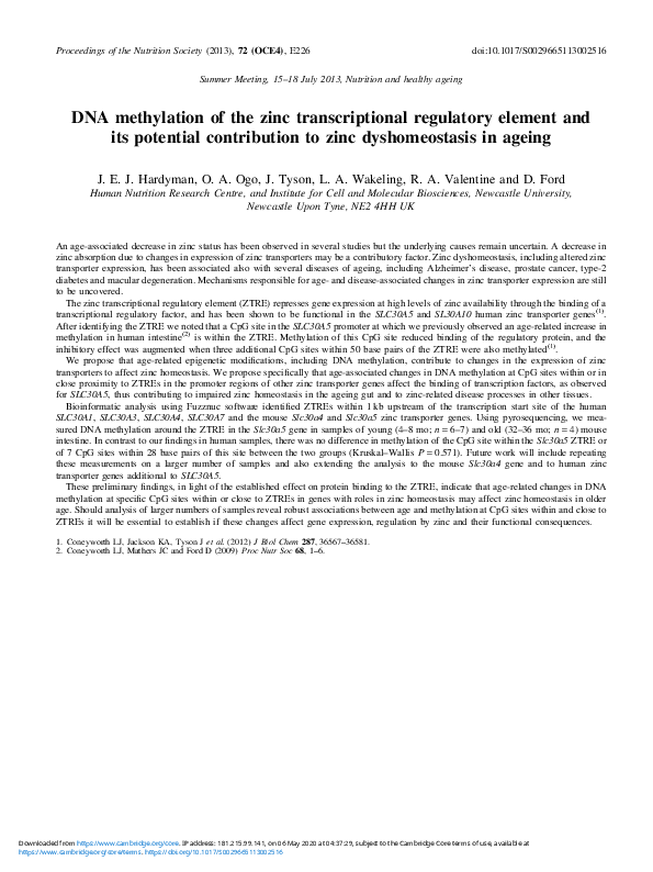 (PDF) DNA methylation of the zinc transcriptional regulatory element ...