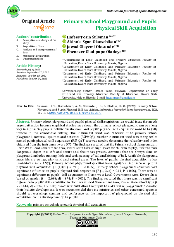 (PDF) Primary School Playground and Pupils Physical Skill Acquisition