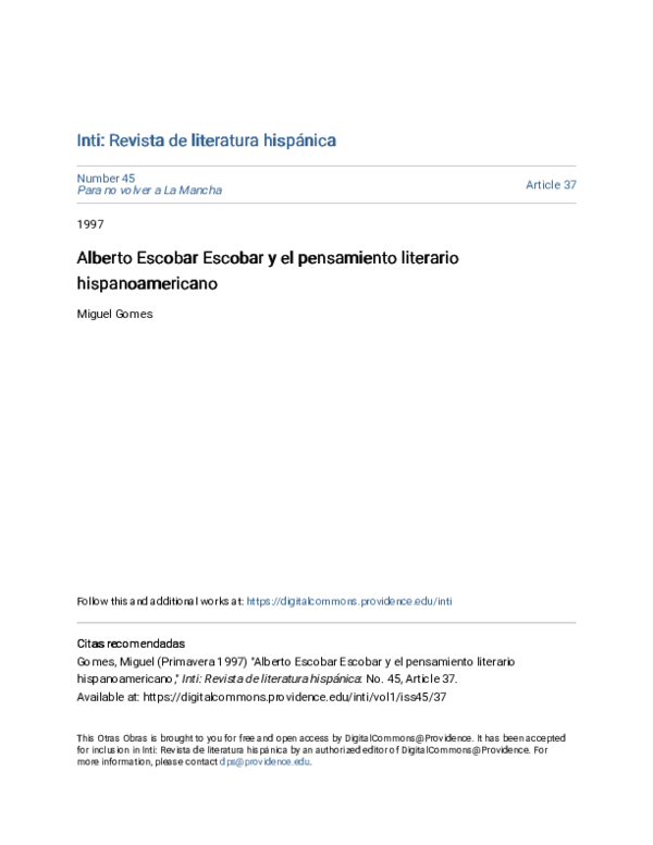 (PDF) Alberto Escobar Escobar y el pensamiento literario hispanoamericano