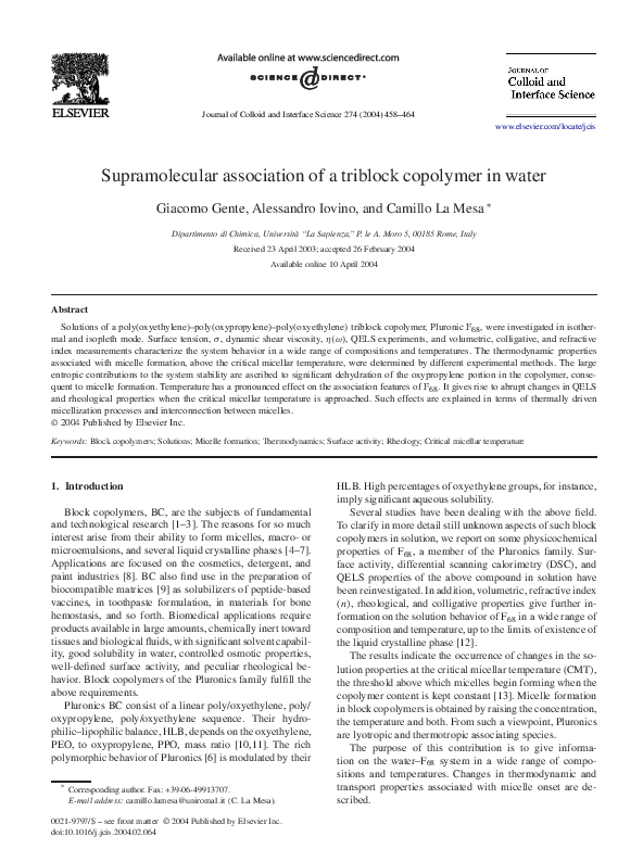 (PDF) Supramolecular association of a triblock copolymer in water