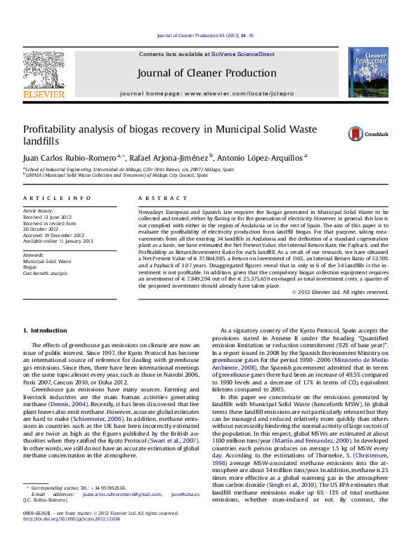 Pdf Profitability Analysis Of Biogas Recovery In Municipal Solid