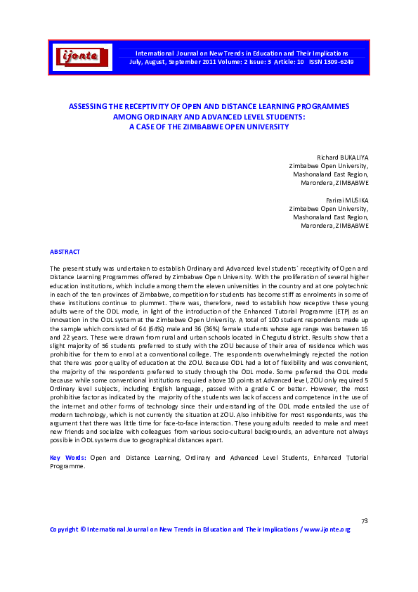 (PDF) Assessing the Receptivity of Open and Distance Learning ...