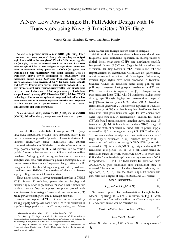 (PDF) A New Low Power Single Bit Full Adder Design with 14 Transistors ...
