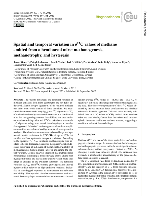 (PDF) Spatial and temporal variation in δ13C values of methane emitted ...
