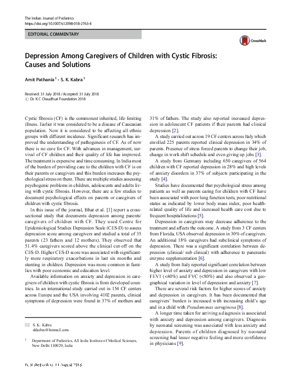 (PDF) Depression Among Caregivers of Children with Cystic Fibrosis ...