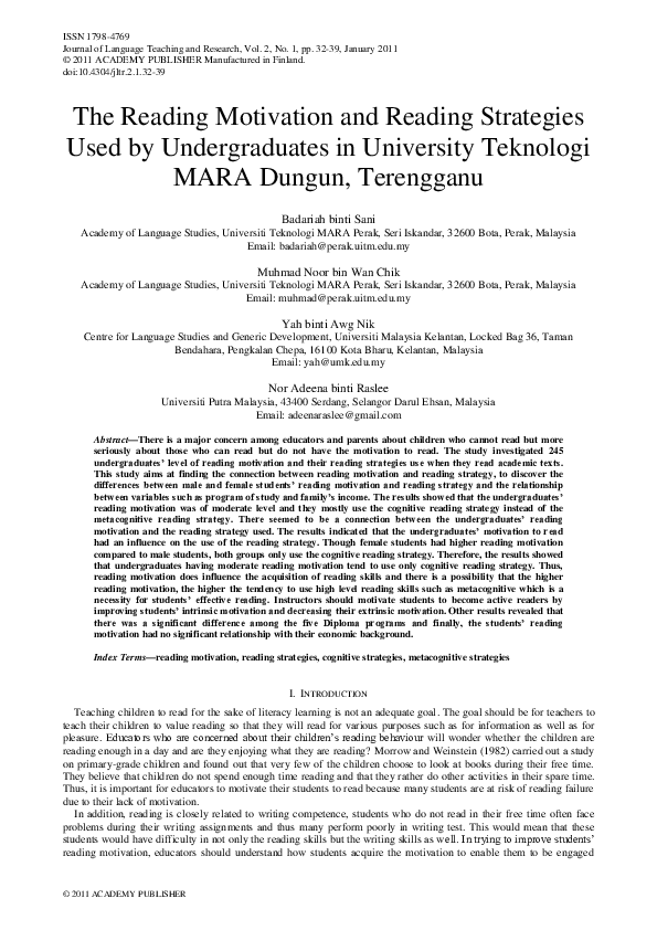 (PDF) The Reading Motivation and Reading Strategies Used by ...