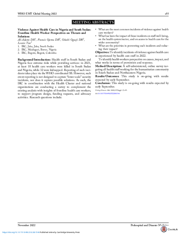 (PDF) Violence Against Health Care in Nigeria and South Sudan ...