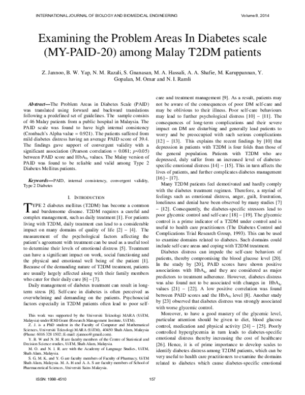 (PDF) Examining the Problem Areas In Diabetes scale (MY-PAID-20) among ...