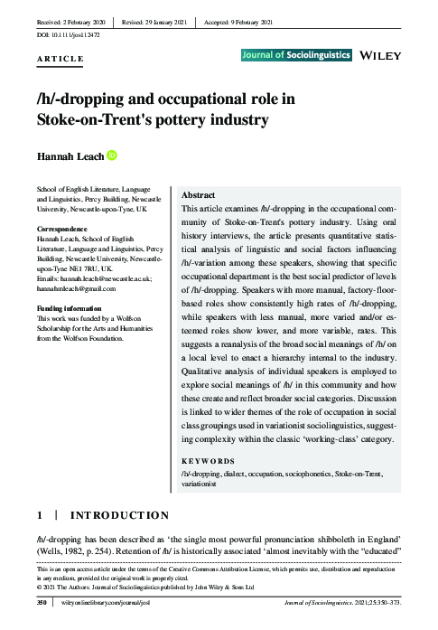 (PDF) /h/‐dropping and occupational role in Stoke‐on‐Trent's pottery ...
