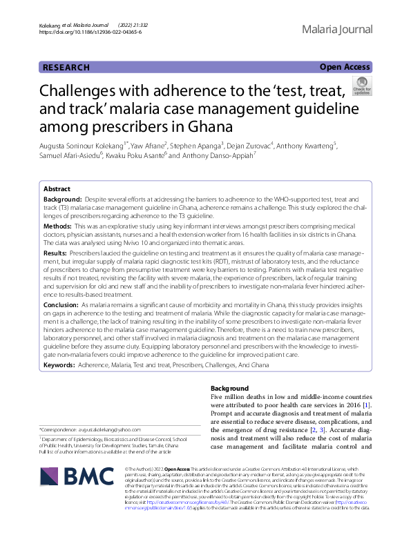 (PDF) Challenges with adherence to the ‘test, treat, and track’ malaria case management