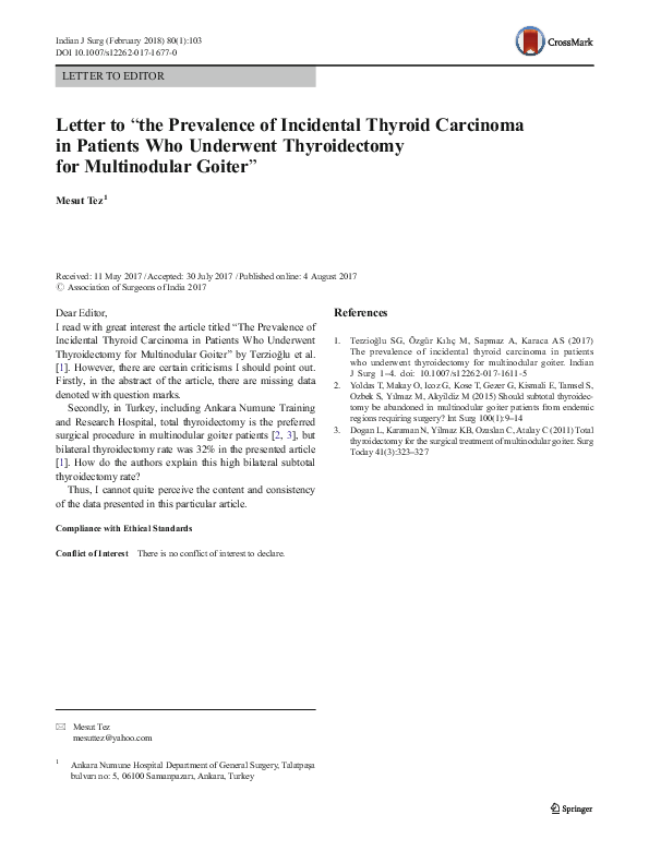 (PDF) Letter to “the Prevalence of Incidental Thyroid Carcinoma in ...