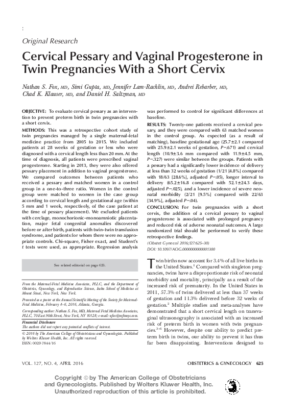 (PDF) Cervical Pessary and Vaginal Progesterone in Twin Pregnancies