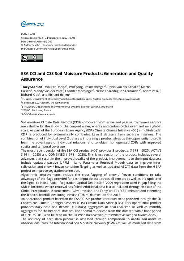 (PDF) ESA CCI and C3S Soil Moisture Products: Generation and Quality ...