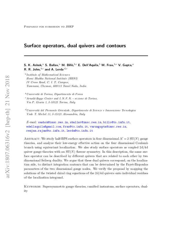 Picture Idea: Pdf Prepared For Submission To Jhep Surface Operators Dual Quivers