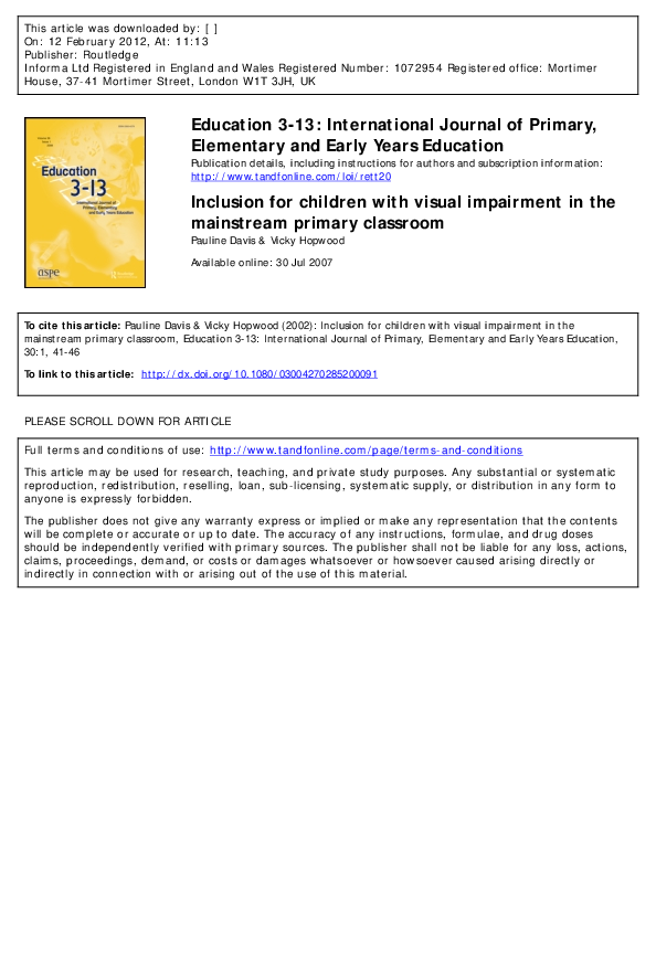 (PDF) Inclusion for children with visual impairment in the mainstream