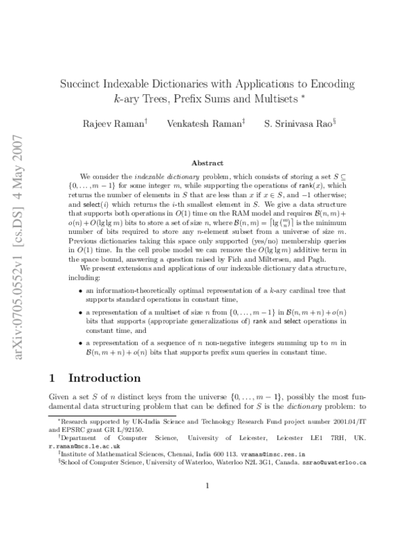 (PDF) Succinct indexable dictionaries with applications to encoding k ...