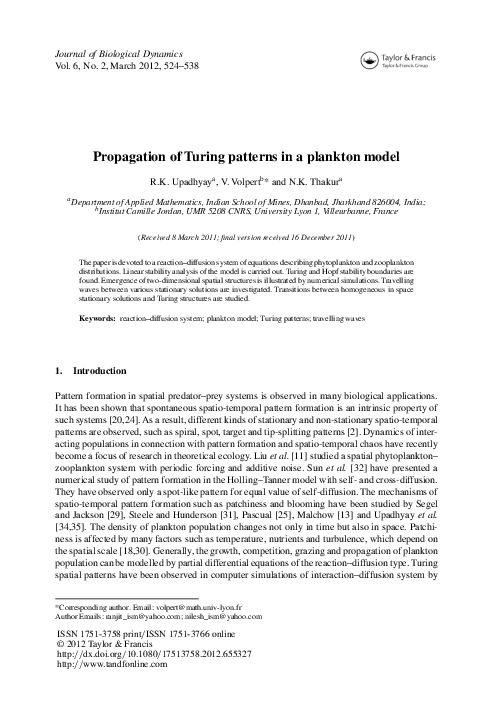 (PDF) Propagation of Turing patterns in a plankton model