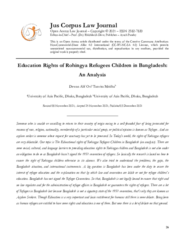 (PDF) Education Rights of Rohingya Refugees Children in Bangladesh: An ...