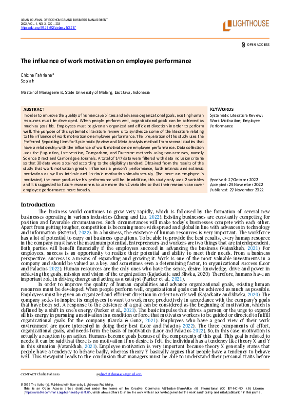 (PDF) The influence of work motivation on employee performance