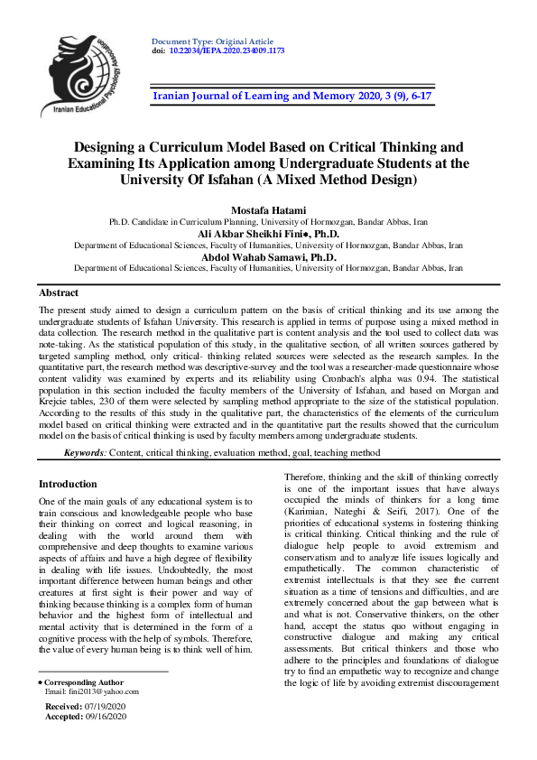 (PDF) Designing a Curriculum Model Based on Critical Thinking and ...